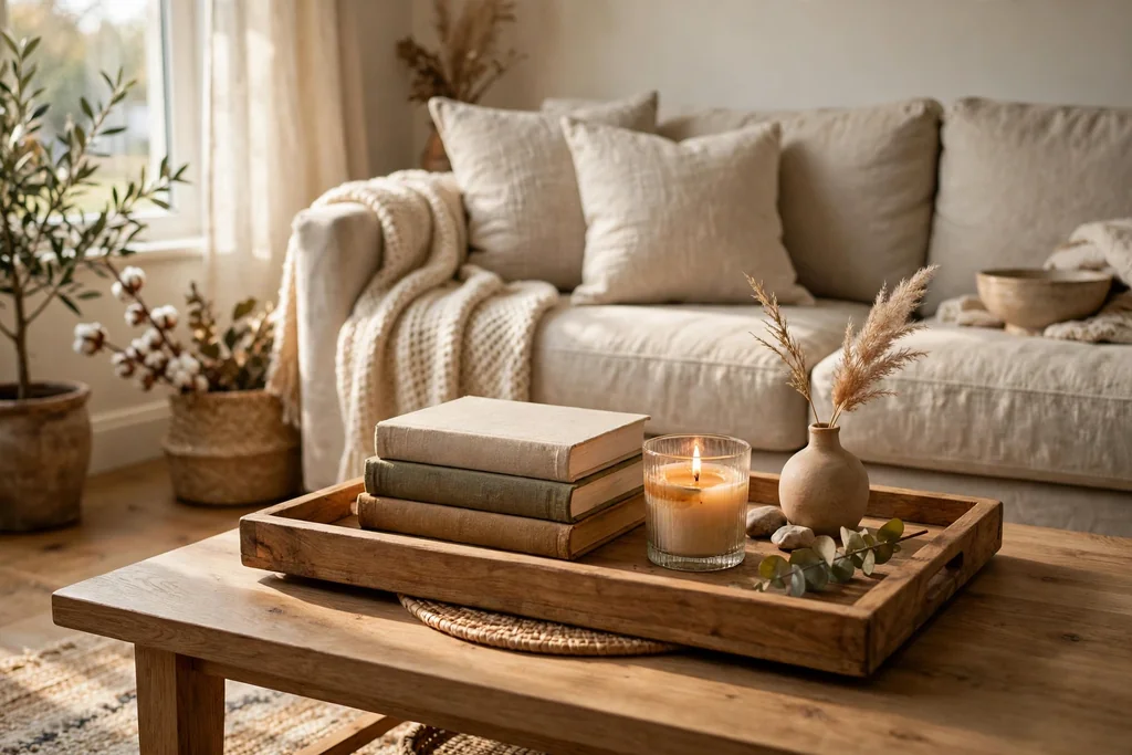 Wood tray on a coffee table styled with books and a candle.