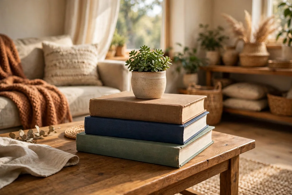 Stack of books on a coffee table topped with a small potted plant.