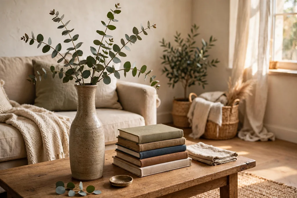 Tall vase with eucalyptus stems on a coffee table beside books.
