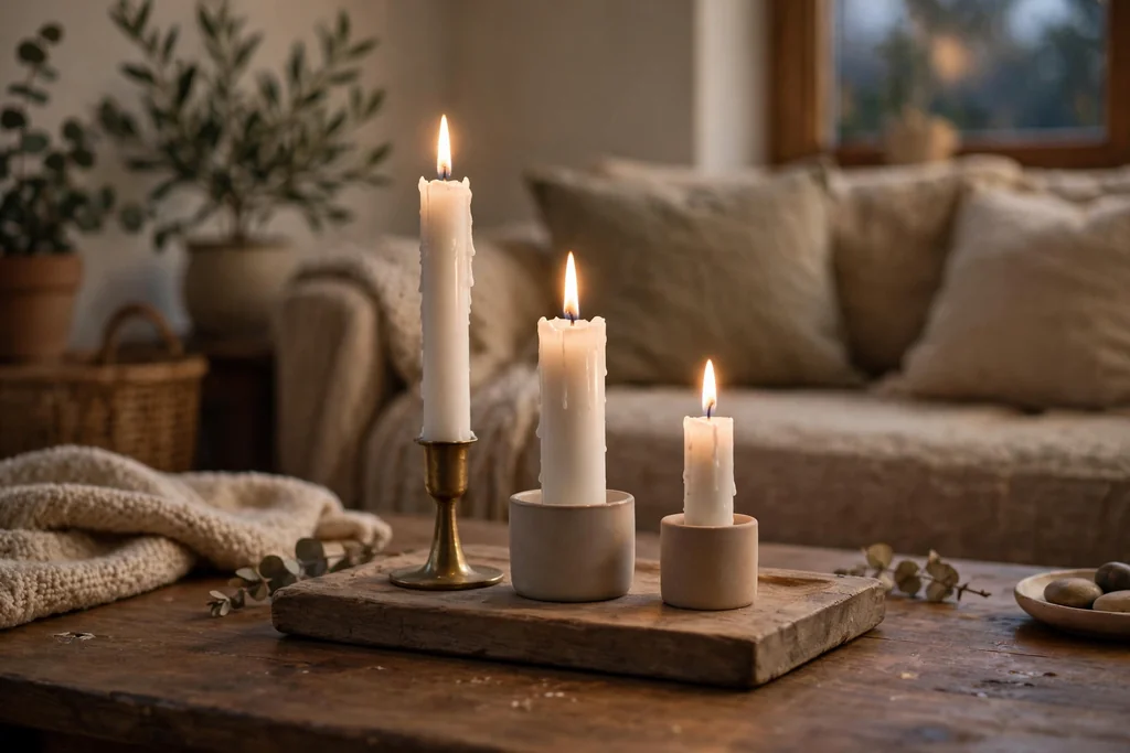 Three candles at different heights grouped on a coffee table tray.