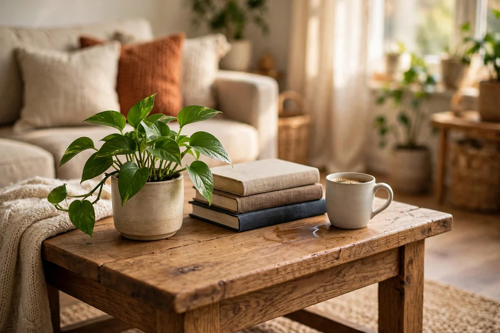 Small potted plant at the corner of a coffee table.