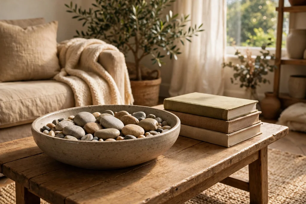Shallow decorative bowl with smooth stones on a coffee table.