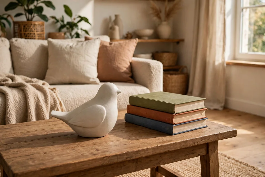 Ceramic sculptural object on a coffee table beside a stack of books.