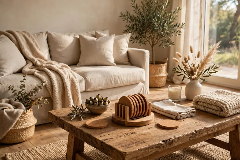 Coaster holder with coasters on a coffee table near a sofa.