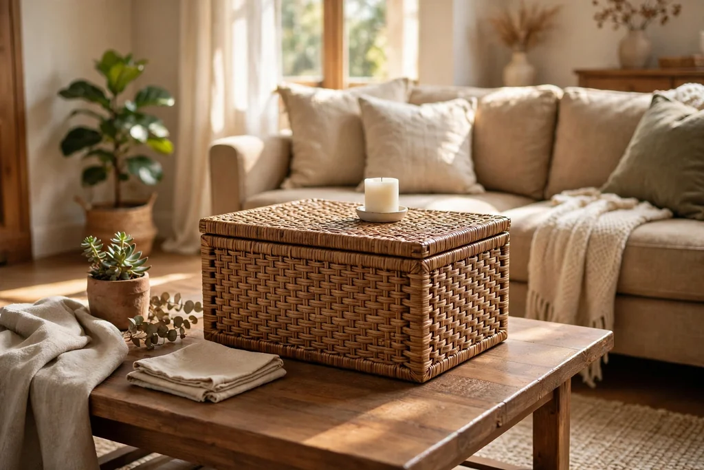 Lidded woven box on a coffee table with a candle on its lid.