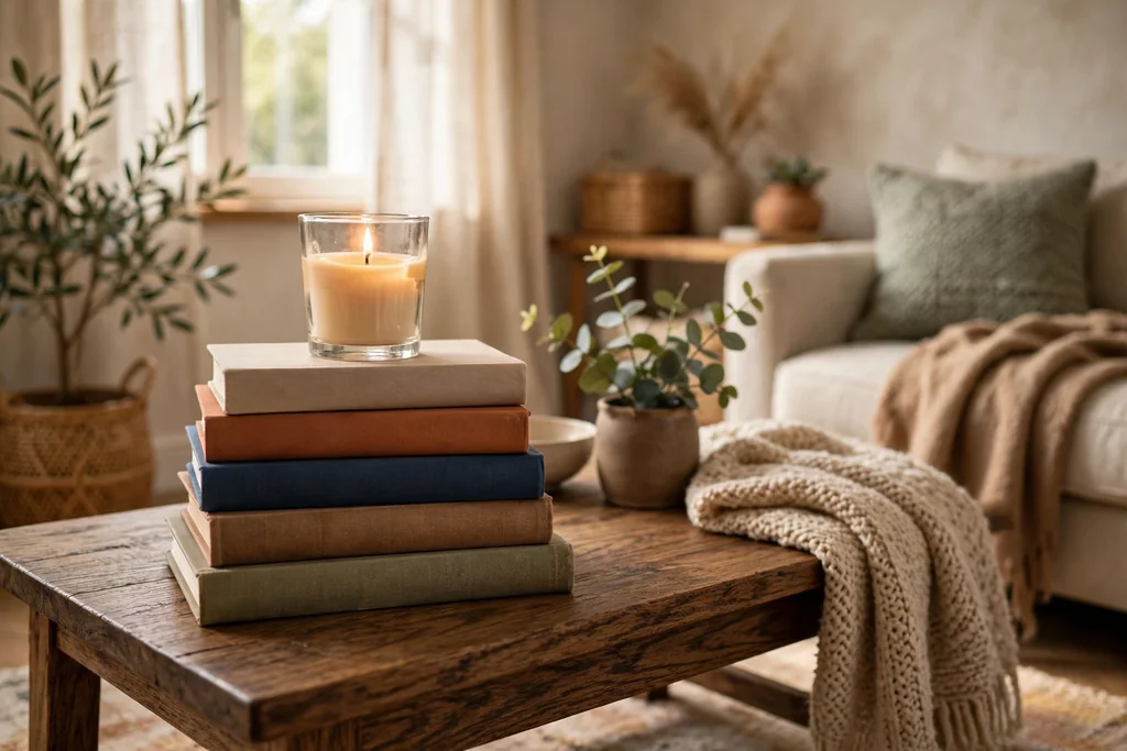 Book stack with a single candle in a holder on a coffee table.