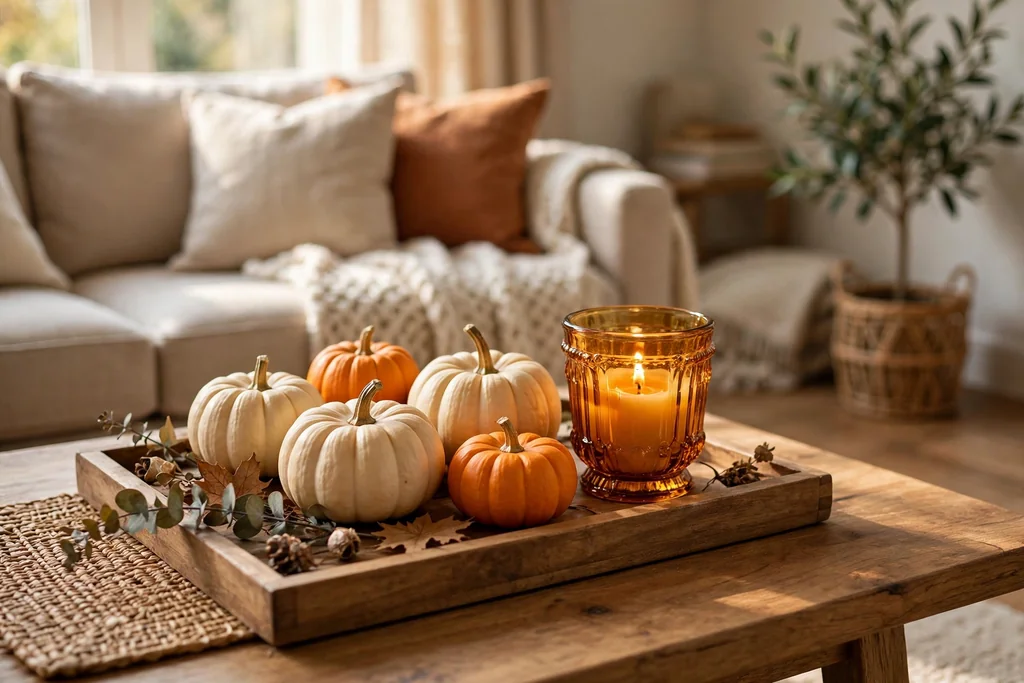 Mini pumpkins and an amber glass candle holder on a coffee table tray.