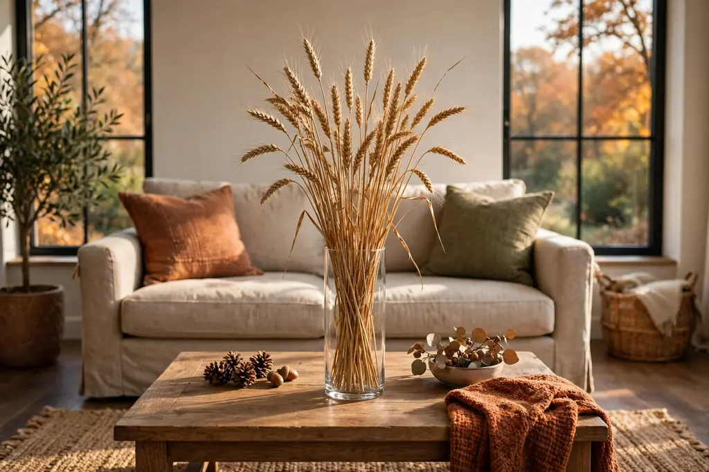 Dried wheat stems in a tall vase on a coffee table.