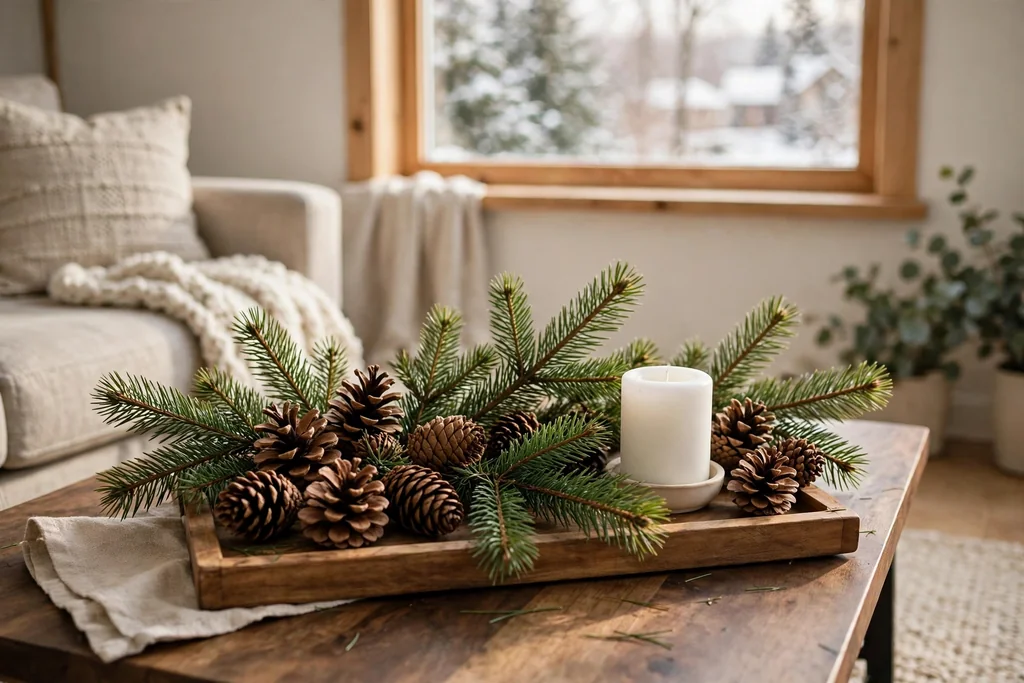 Pine branches and pinecones with a white candle on a coffee table.