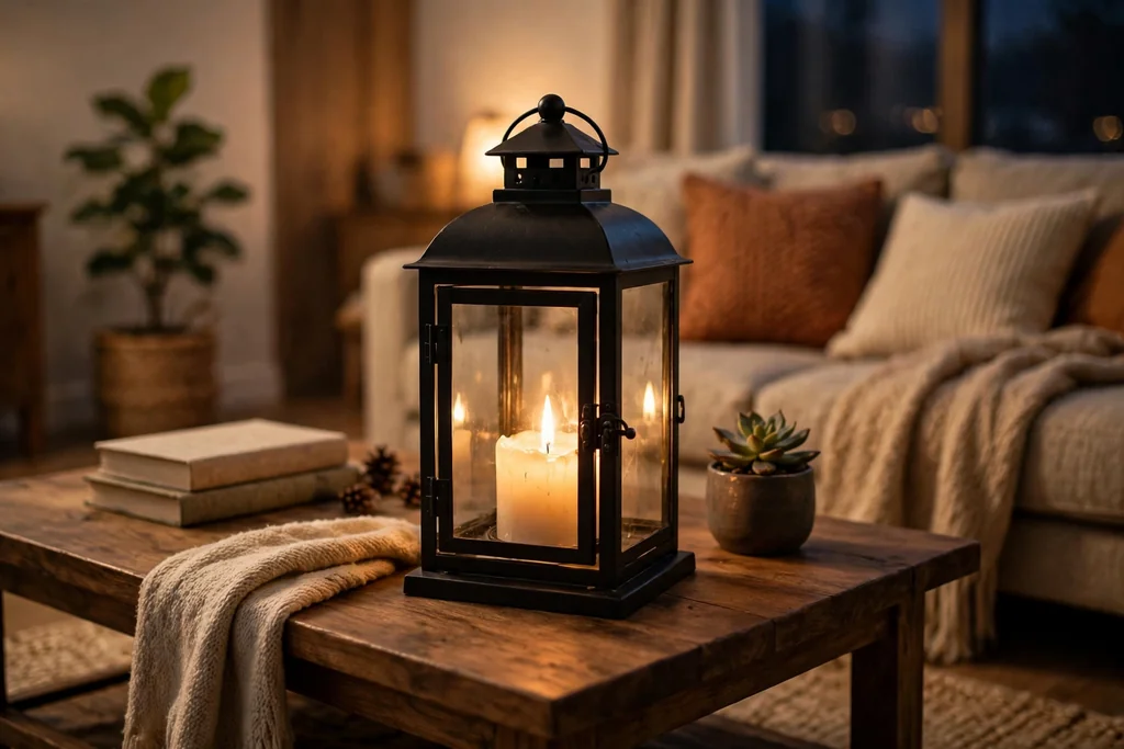 Lantern with a glowing candle on a coffee table in the evening.