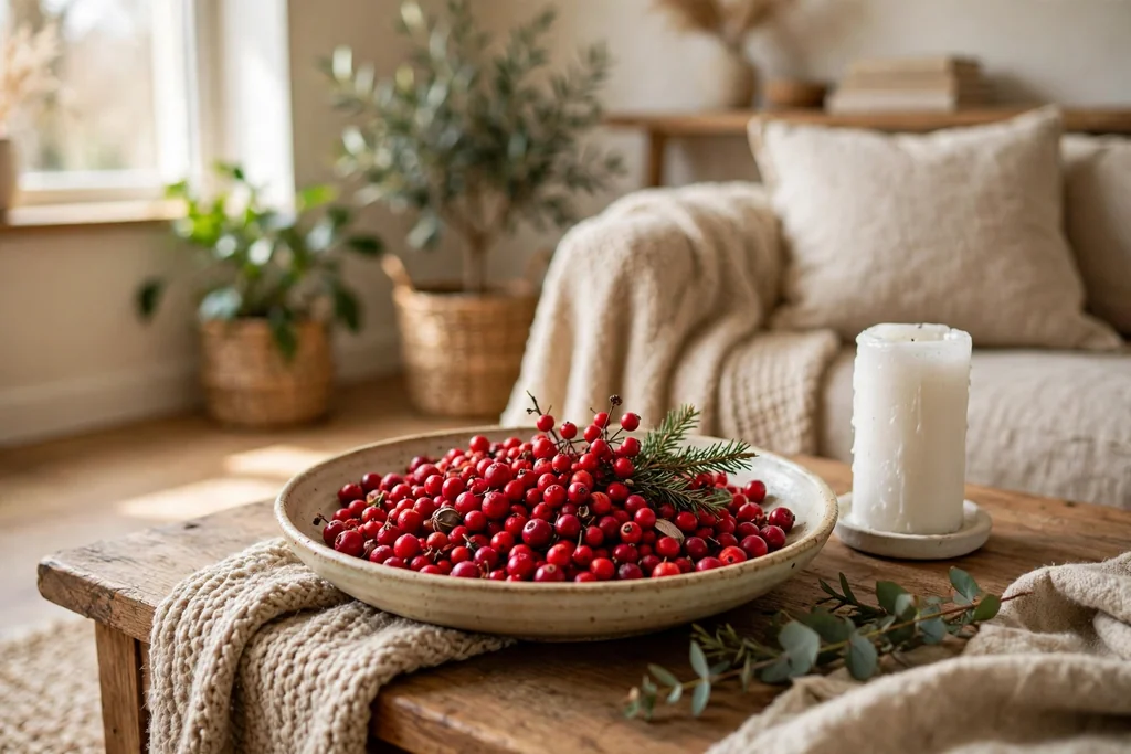 Bowl of red berries on a coffee table beside a white candle.