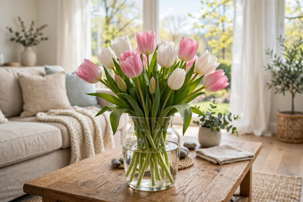 Tulips in a clear glass vase on a coffee table.