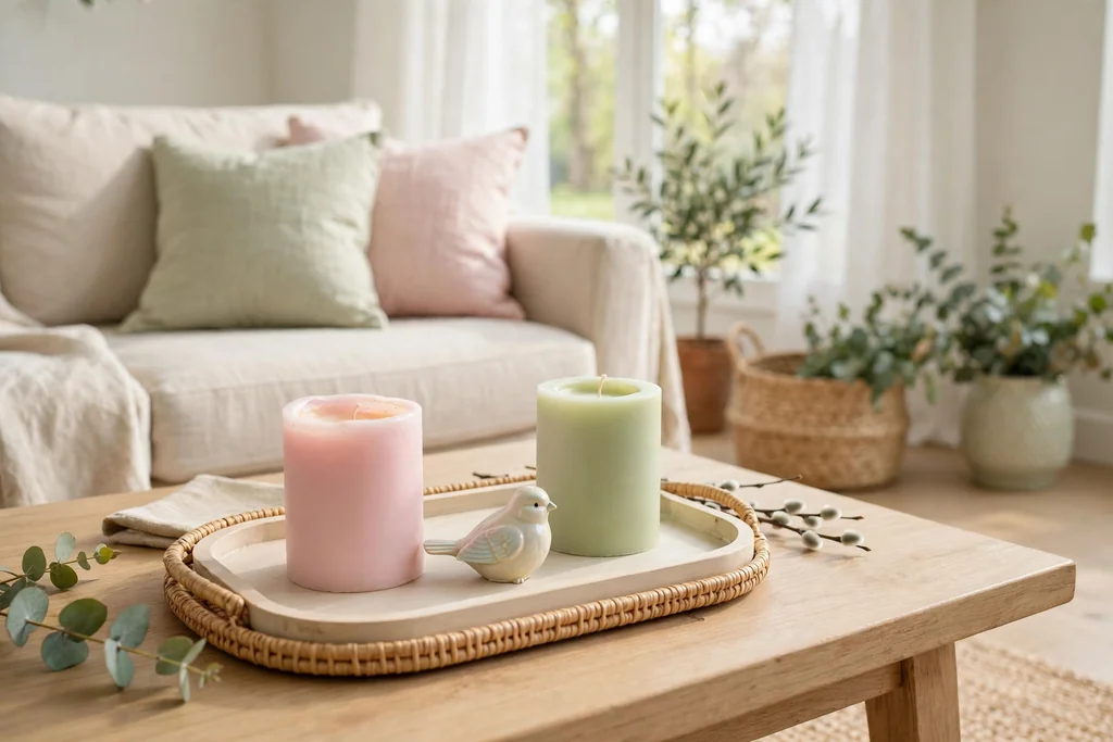 Pastel candles and a small ceramic bird on a coffee table tray.