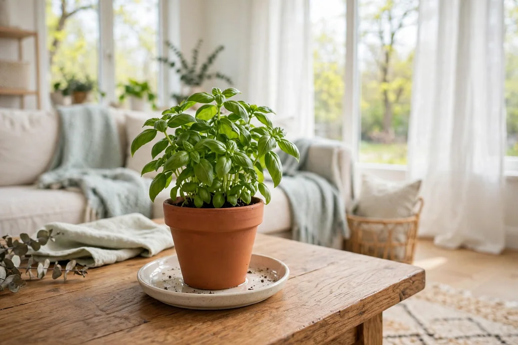Small herb pot with basil on a saucer on a coffee table.