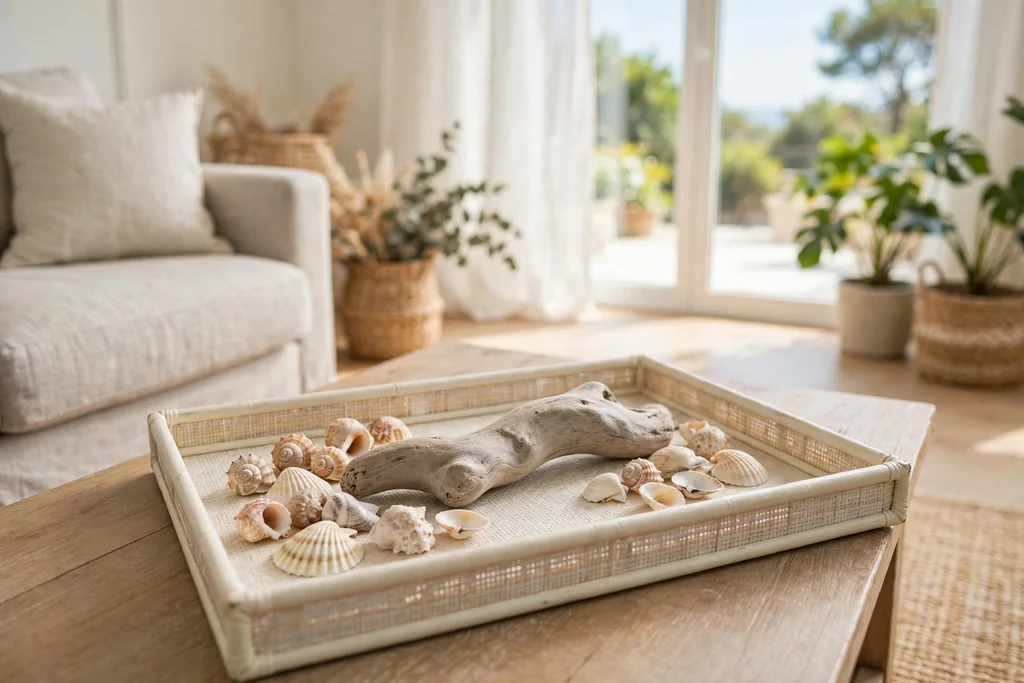 Shells and driftwood arranged on a light coffee table tray.