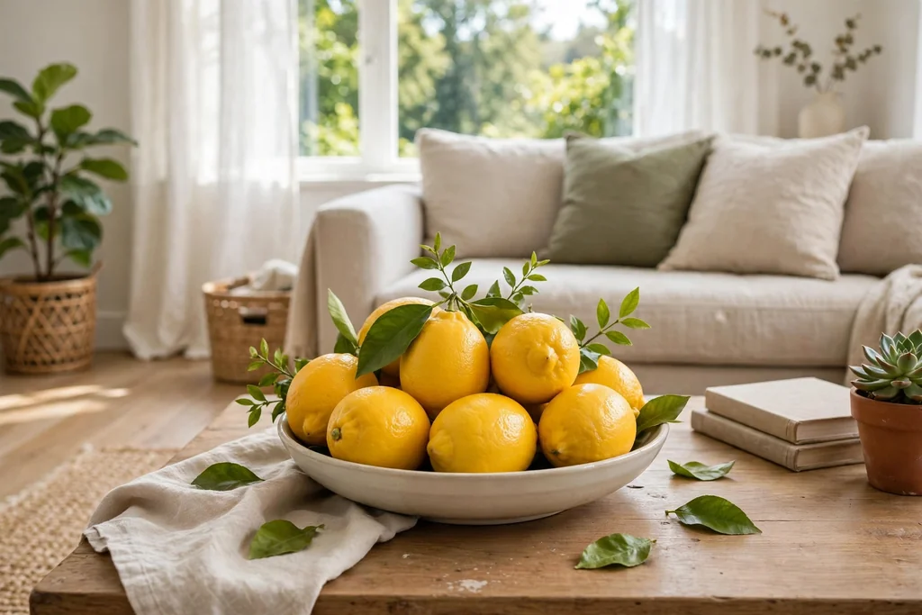 Bowl of lemons with green leaves on a coffee table.