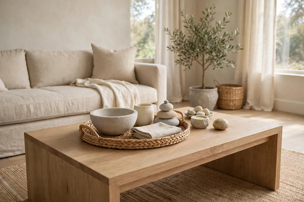 Neutral coffee table styled with cream, beige, wood, and stone pieces.