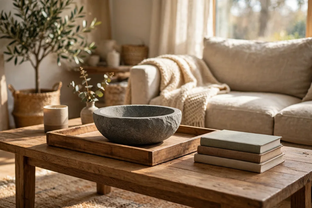 Wood tray holding a stone bowl on a coffee table.