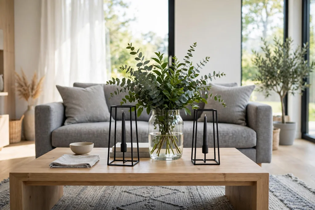 Glass vase with black metal candle holders on a modern coffee table.