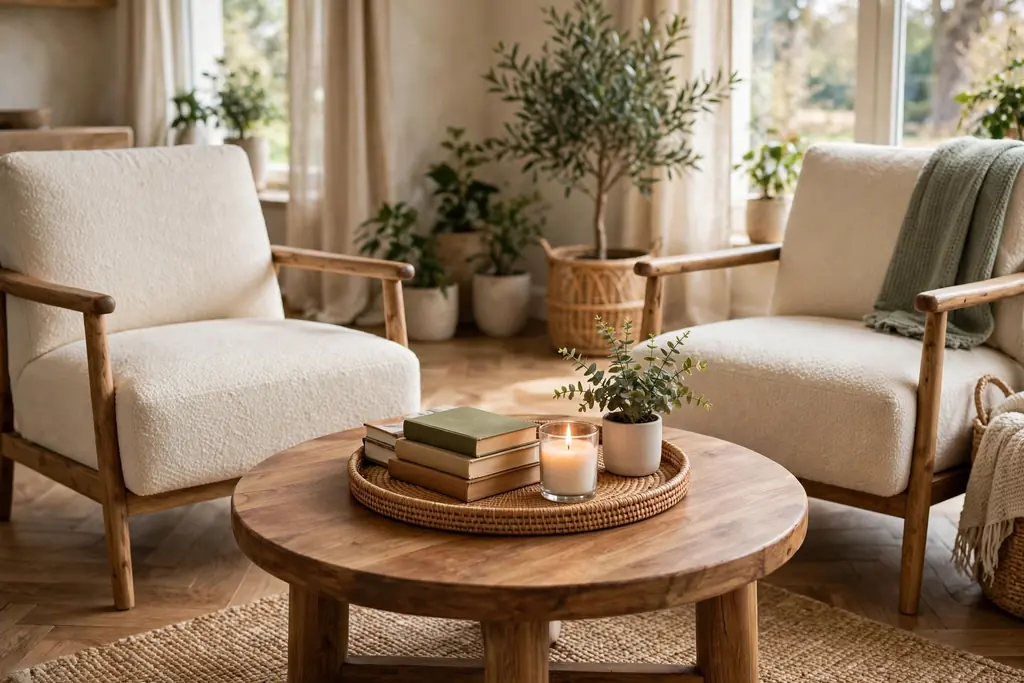 Round coffee table with one centred tray grouping.