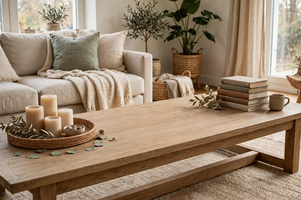 Rectangular coffee table divided into two styled zones.