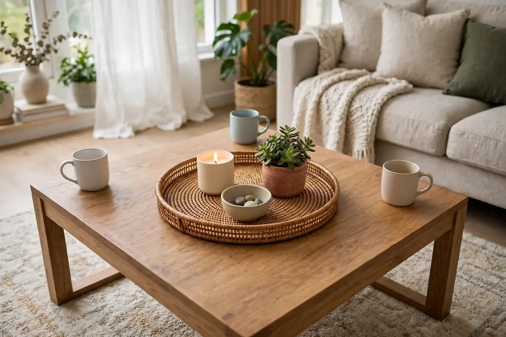 Square coffee table with a centred tray and clear edges for mugs.