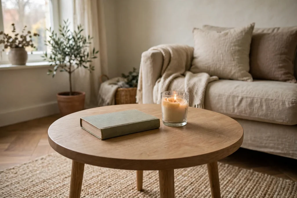 Small coffee table with one simple book and candle vignette.