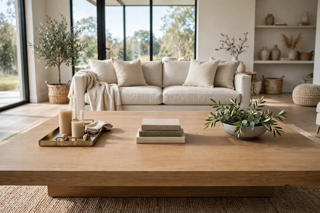 Large coffee table with three separate styled zones.