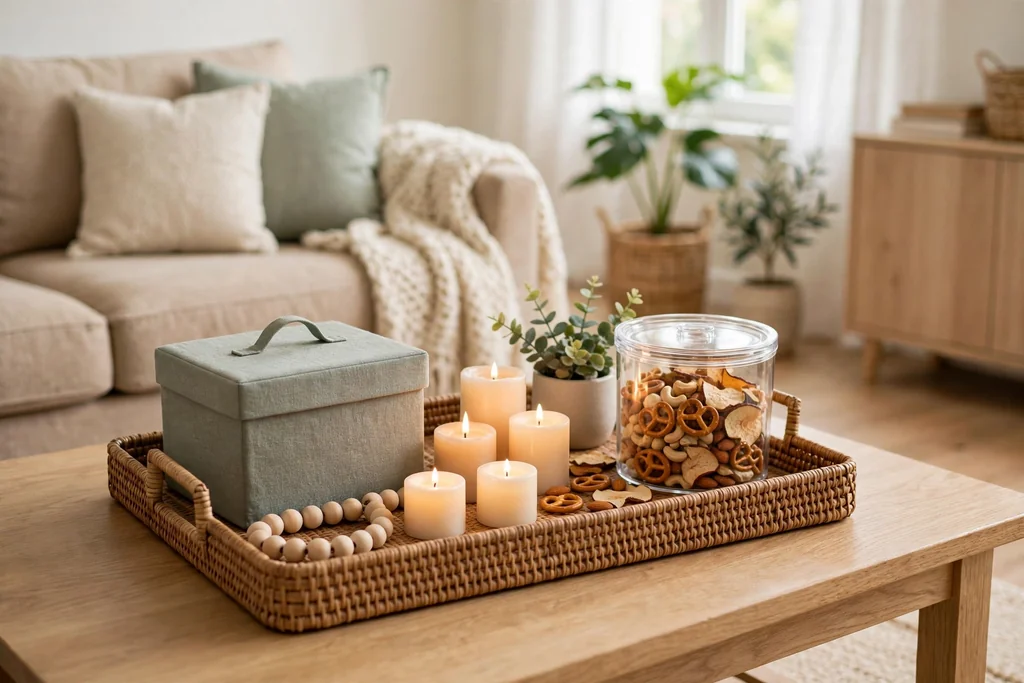 Family friendly coffee table with a woven tray and lidded box.