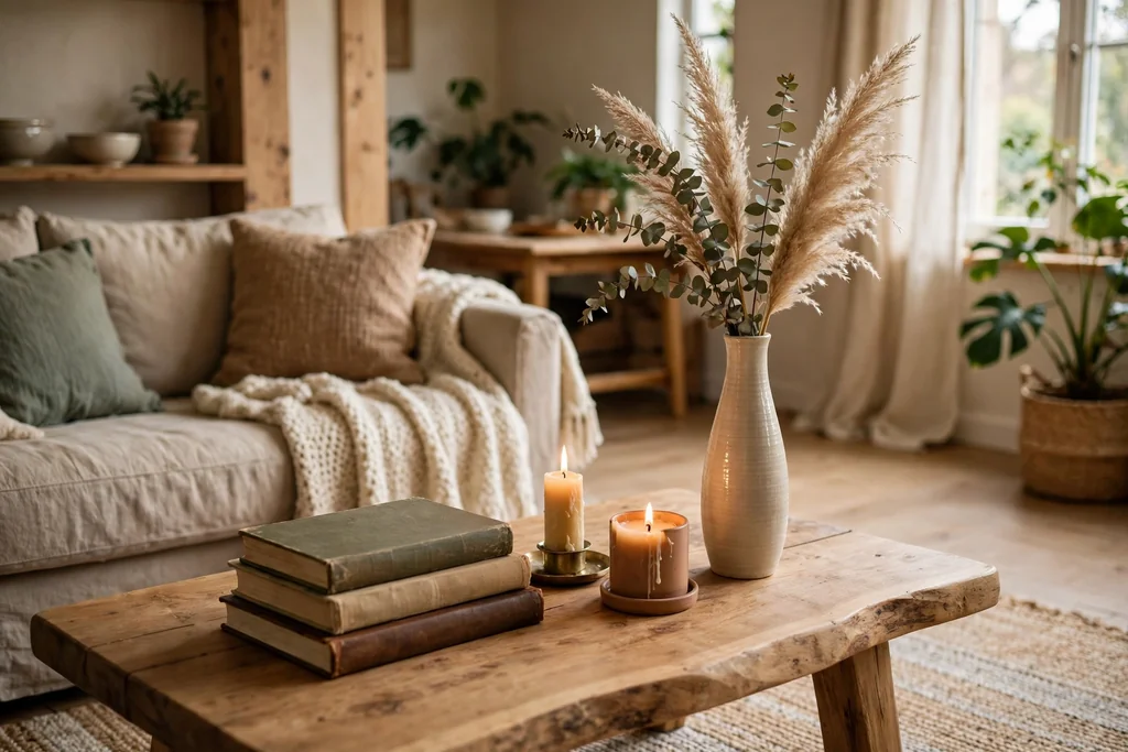 Coffee table with a single new vase swapped into an existing arrangement.
