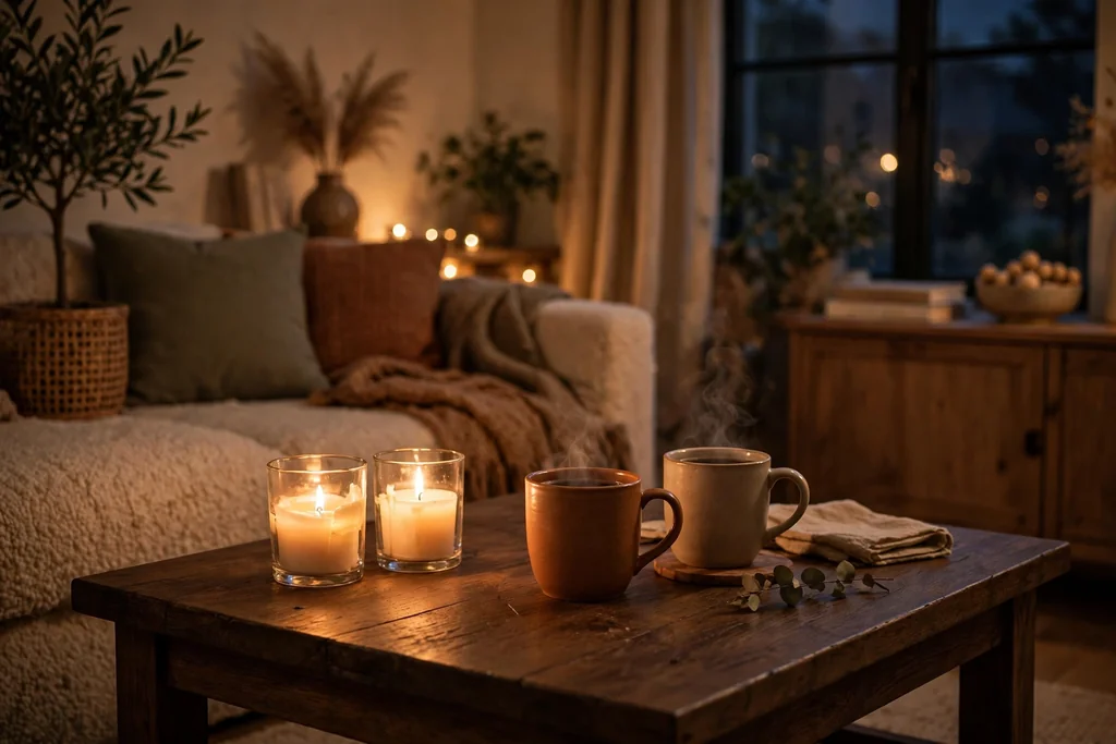 Coffee table with candles glowing in the evening beside mugs.