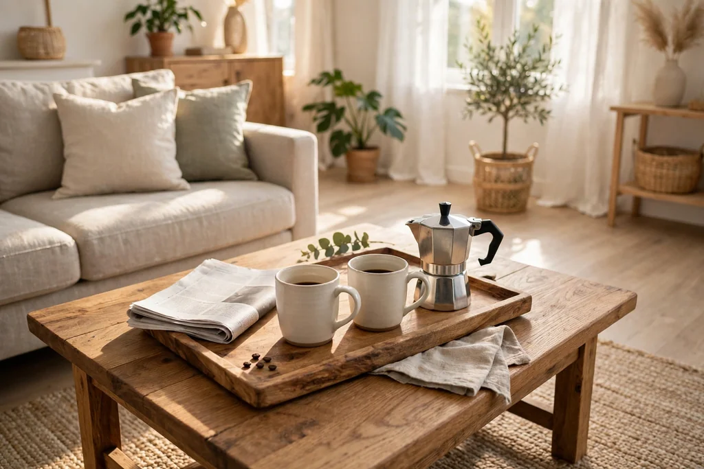 Coffee table set as a morning coffee spot with a tray and mugs.
