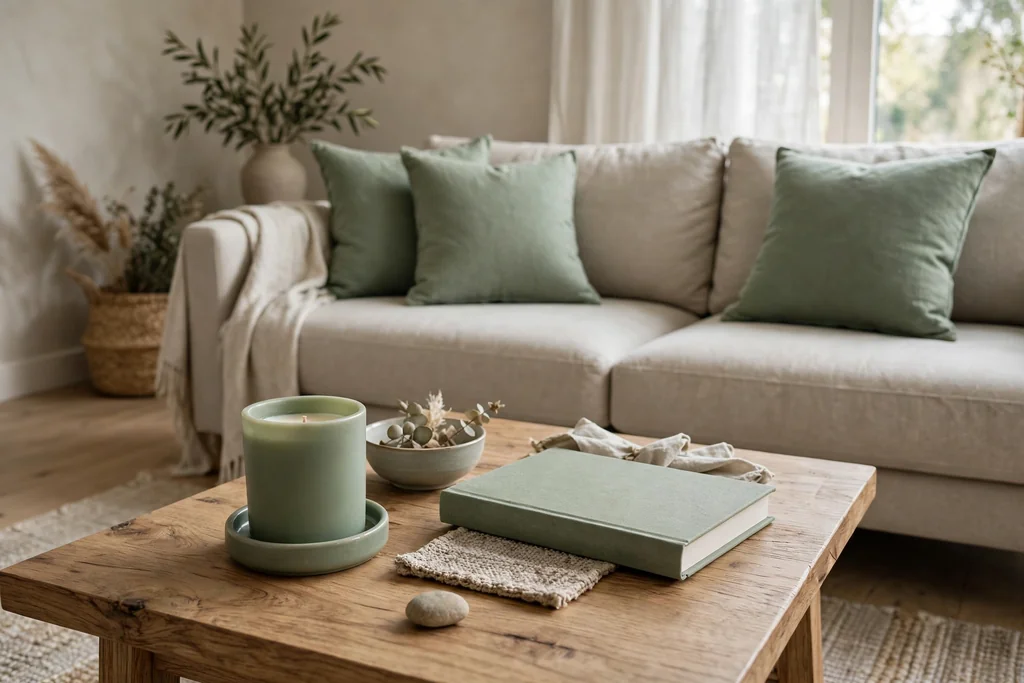 Coffee table repeating a sage cushion colour in a candle and a book.
