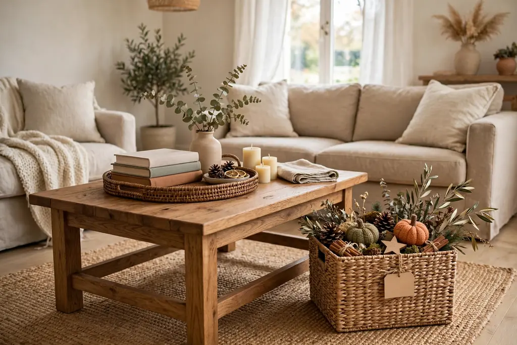 Coffee table with a labelled storage box of seasonal decor beside it.