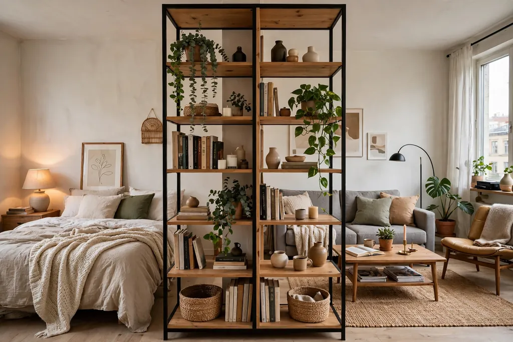 Open bookcase dividing a studio apartment into sleeping and living zones.