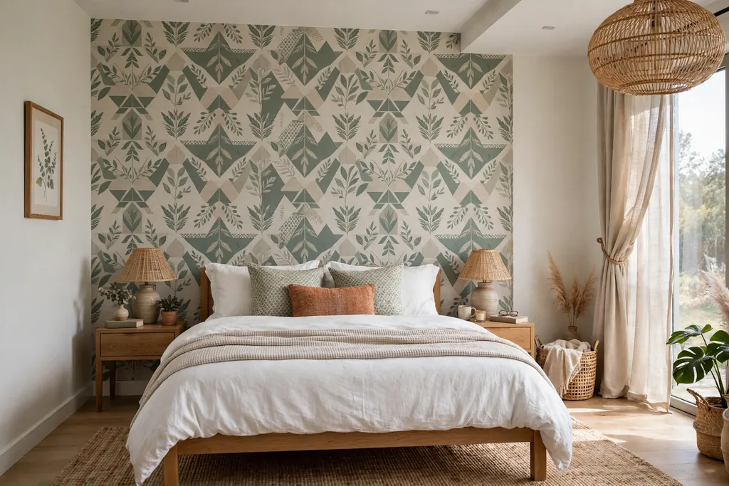 Bedroom with a patterned peel and stick accent wall behind the bed.