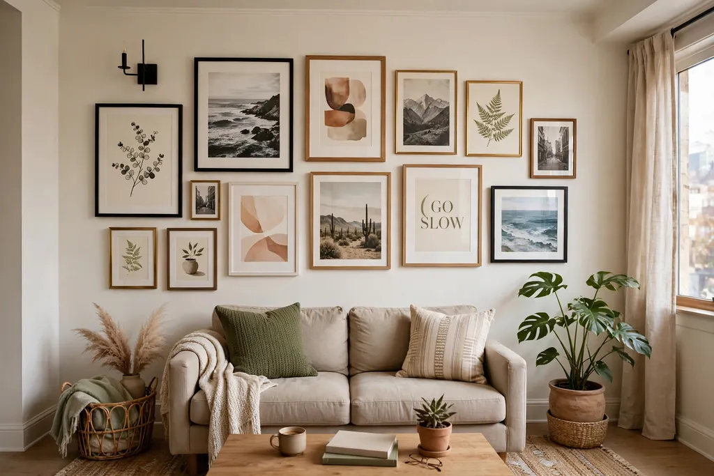 Gallery wall of framed prints above a small apartment sofa.