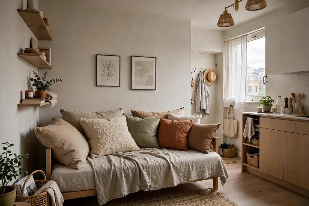 Daybed styled with cushions as a sofa in a small apartment.