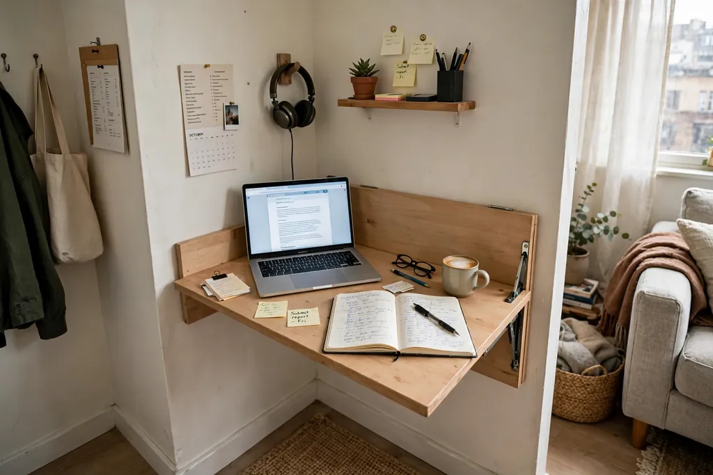 Fold down wall desk open with a laptop in a small apartment corner.