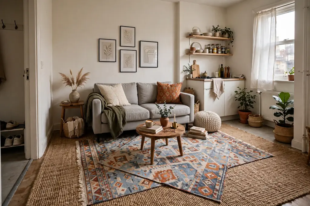 Layered rugs defining a seating area in a small apartment.