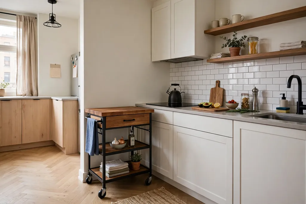Rolling kitchen cart beside counters in a small apartment kitchen.