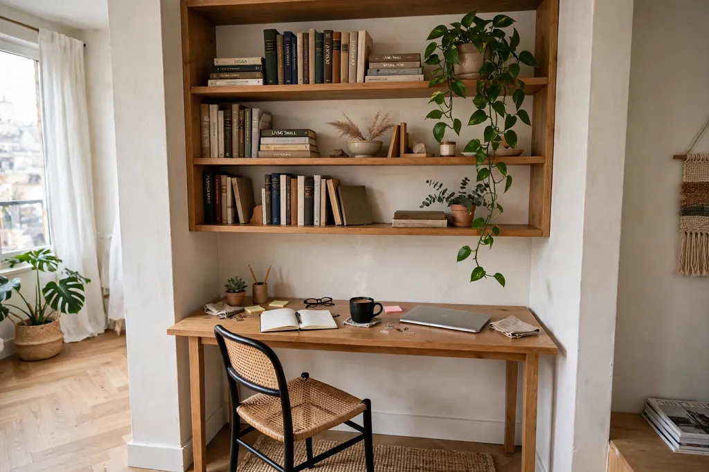 Open shelves with books and a plant above a small apartment desk.