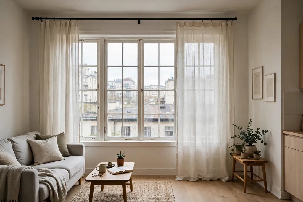 Light curtains hung high and wide over a small apartment window.