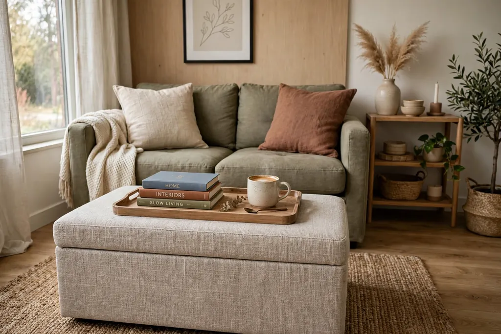 Storage ottoman with a tray in front of a small apartment sofa.