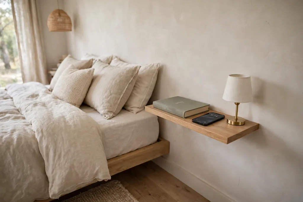 Floating shelf beside a bed holding a book and a small lamp.