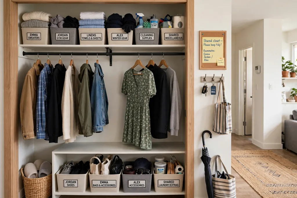 Closet organized with labeled storage bins and hanging clothes.