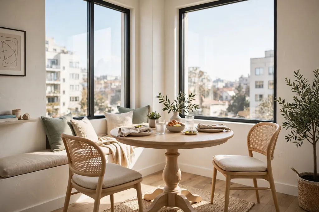 Round dining table with two chairs in a bright apartment nook.