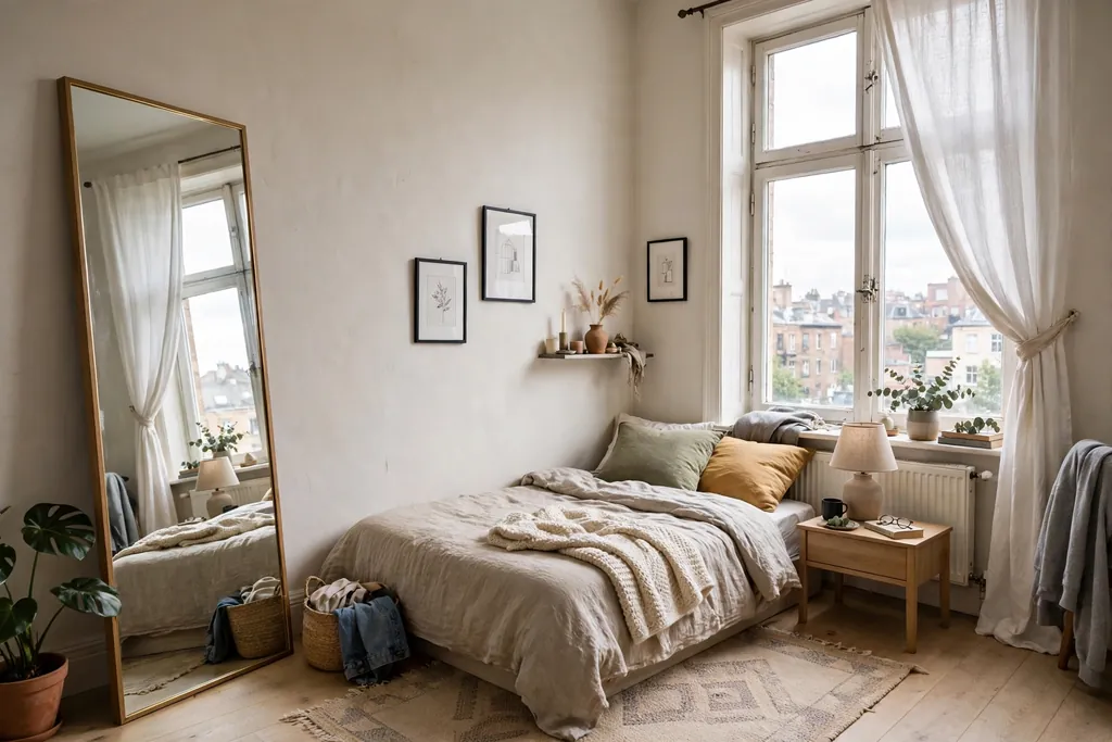 Tall leaning floor mirror opposite a window in a small bedroom.