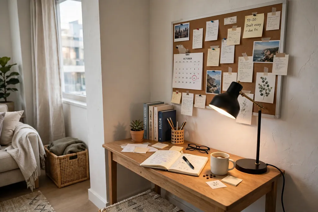 Small study corner with a desk, task lamp, and pinboard.