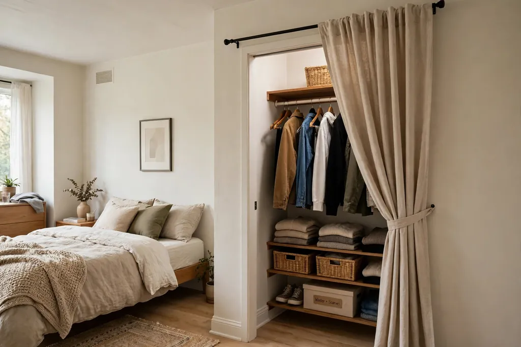 Open closet hidden behind a plain curtain in an apartment bedroom.